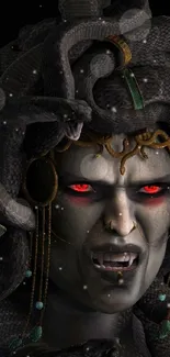 Medusa-themed fantasy art mobile wallpaper with striking red eyes.