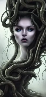 Fantasy Medusa art with snake hair and mysterious background.