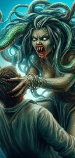 Medusa creature attacking in fantasy art scene.