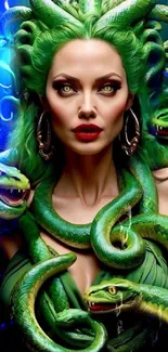 Green-haired Medusa surrounded by snakes in vibrant fantasy art style.