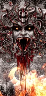 Gothic horror illustration of Medusa with serpentine hair and detailed dark background.