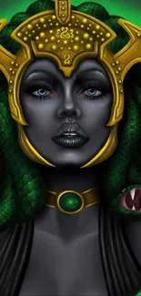 Medusa-inspired digital artwork with vibrant serpentine hair and golden helm.