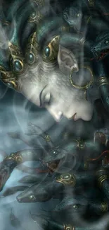 Artistic depiction of Medusa with snakes for hair in dark tones.