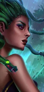 Artistic depiction of Medusa with serpentine hair in a fantasy setting.