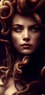 Medusa-inspired artwork with snake hair on mobile wallpaper.