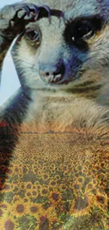 Meerkat overlay in sunflower field artwork.