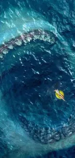 Megalodon beneath the ocean waves with a boat above.