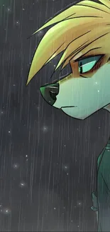 Anthropomorphic character in rain with a dark, moody background.