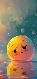 Melancholic cartoon ball in colorful fantasy landscape.