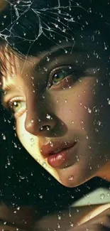 Artistic portrait with raindrops on glass, capturing a melancholic gaze.