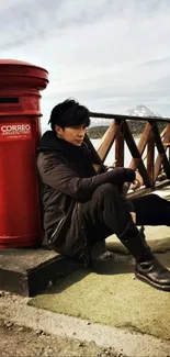 A person sitting by a red postbox with mountains in the background.