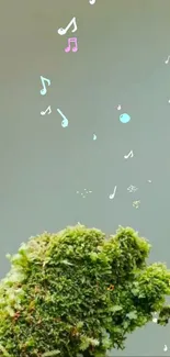 Wallpaper with green moss and floating musical notes.