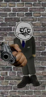 Meme figure in a suit holding a gun against a brick wall background.