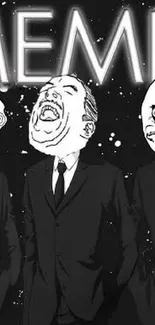 Meme faces in suits on a black background with splash effect.