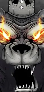 Fierce bear with flaming eyes and crown on a dark gray background.