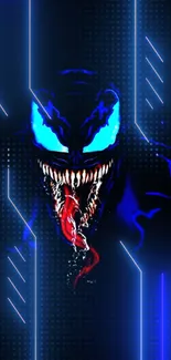 Futuristic blue monster with glowing eyes and red tongue on a dark background.