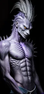 Purple-skinned character with spikes and yellow eyes in fantasy art wallpaper.