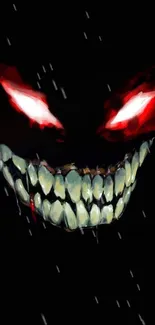 Chilling wallpaper of a grinning face with glowing red eyes on a black background.