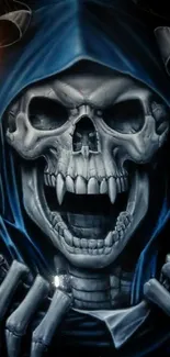 Dark blue hooded skull mobile wallpaper with menacing vibe.