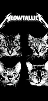 Black and white Meowtallica cat faces design on wallpaper.