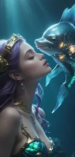 Enchanting mermaid with dolphin in a mystical underwater scene.