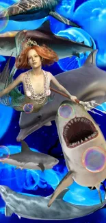 Mermaid with sharks and bubbles on a vibrant blue background wallpaper.