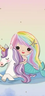 Colorful mermaid with unicorn on pastel background wallpaper.