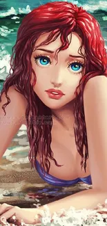 Enchanting mermaid with red hair lounging on beach with ocean waves.