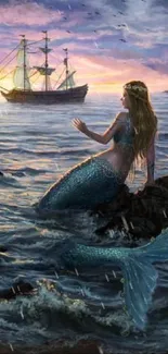 A mermaid gazing at a ship during a vibrant ocean sunset.