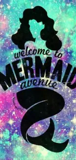 Turquoise galaxy wallpaper with mermaid silhouette and text.