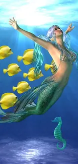 A vibrant mermaid swims underwater with yellow fish and a seahorse.