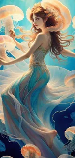 Ethereal mermaid surrounded by jellyfish in an underwater fantasy scene.