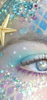 Mermaid-inspired glitter eye design with starfish detail.