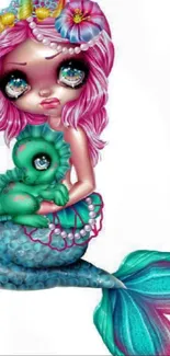 Whimsical mermaid with pink hair holds a seahorse on a mobile wallpaper.