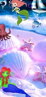 Mermaid on beach with seashells and starfish in a fantasy ocean scene.