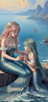 Serene mermaid fantasy wallpaper with blue ocean and nature backdrop.