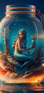 Mermaid in a glowing glass jar surrounded by ocean flora and coral, fantasy art.