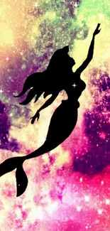 Mermaid silhouette on vibrant galaxy background wallpaper.