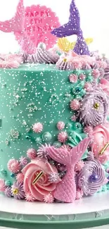 Whimsical mermaid-themed cake with pastel colors and intricate detailing.