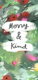 Merry and Kind artistic wallpaper with green and red floral design.