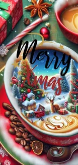 Merry Christmas themed coffee art with festive decorations.