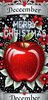 Festive wallpaper with a glossy red apple and Christmas decorations.