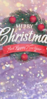 Merry Christmas and Happy New Year wreath wallpaper with red ornaments.