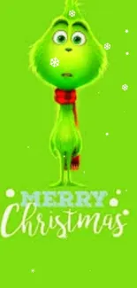 Bright green Grinch with red scarf and Merry Christmas text.