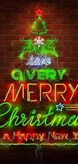 Neon Christmas tree with holiday message on brick wall.