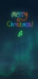 Vibrant Merry Christmas neon wallpaper on a starry night sky.