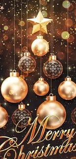 Christmas wallpaper with golden baubles and star decorations.