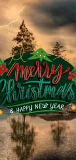 Merry Christmas and Happy New Year festive phone wallpaper with nature background.