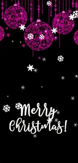 Merry Christmas wallpaper with pink ornaments on black background.