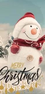 Festive snowman with red scarf and 'Merry Christmas' text on snowy background.